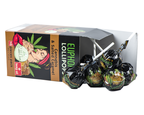 Caja pequeña de piruletas cannabis-caramelo con chicle